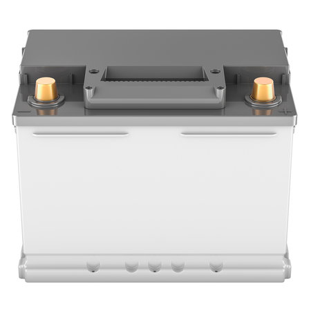 Car battery with blank label, front view. 3D rendering isolated on white background
