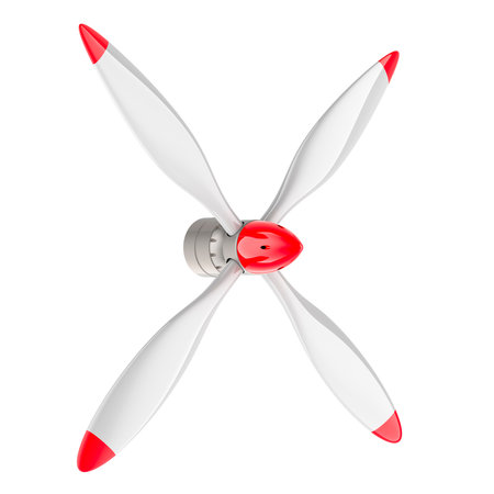 White airplane propeller with 4 blades, 3D rendering isolated on white background