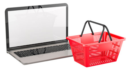 Laptop with white screen and empty shopping basket, 3D rendering isolated on white backgroundの写真素材