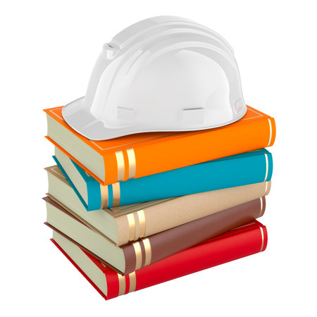 Stack of books with white hard hat, 3D rendering isolated on white backgroundの写真素材