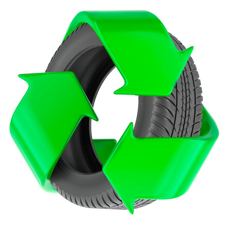 Tire recycling concept. Recycling symbol with car tire, 3D rendering isolated on white backgroundの写真素材