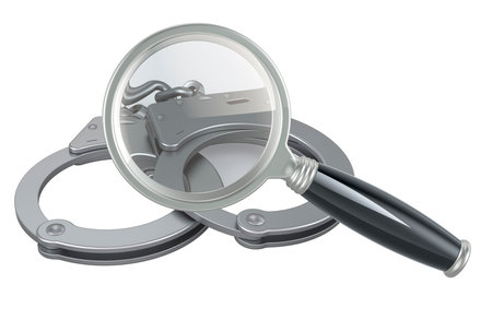 Handcuffs with loupe, magnifying glass. 3D rendering isolated on white backgroundの写真素材
