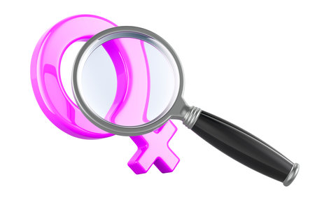 Female gender symbol with loupe, magnifying glass. 3D rendering isolated on transparent backgroundの写真素材