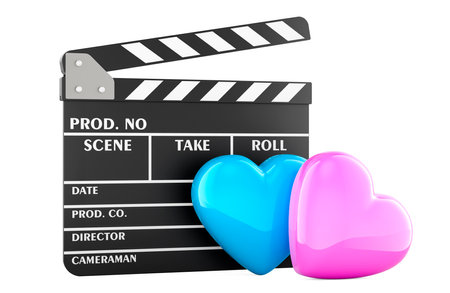 Clapperboard with pink and blue hearts, 3D rendering isolated on white backgroundの写真素材