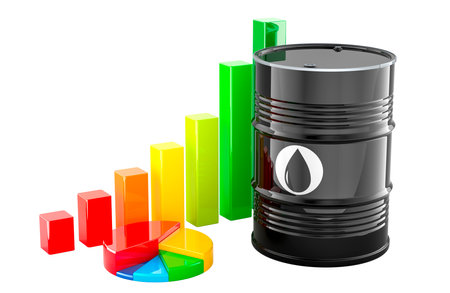 Oil barrel with growth bar graph and pie chart, 3D rendering isolated on white backgroundの写真素材