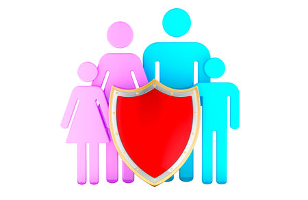 Family silhouettes with shield. Protection or medical insurance concept. 3D rendering isolated on white backgroundの写真素材