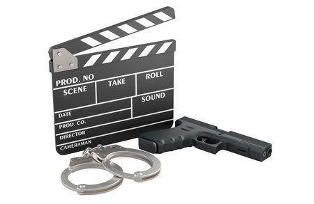 Clapperboard with handcuffs and gun, 3D rendering isolated on white backgroundの写真素材