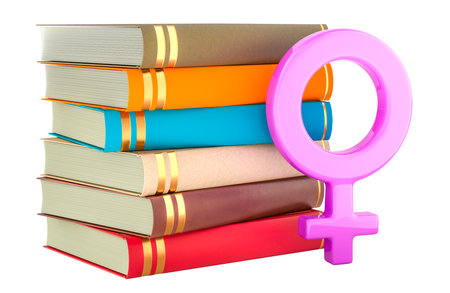 Stack of books with female gender symbol, 3D rendering isolated on white backgroundの写真素材