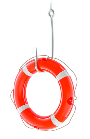 Lifebuoy on fishing hook, 3D rendering isolated on white backgroundの写真素材