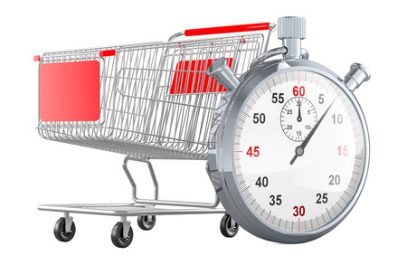 Shopping cart with stopwatch, 3d rendering isolated on white backgroundの写真素材