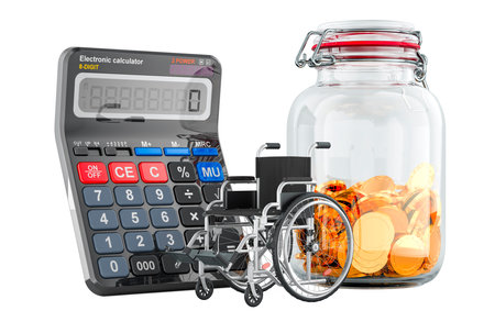 Calculator with manual wheelchair and glass jar full of golden coins, 3D rendering isolated on white backgroundの写真素材