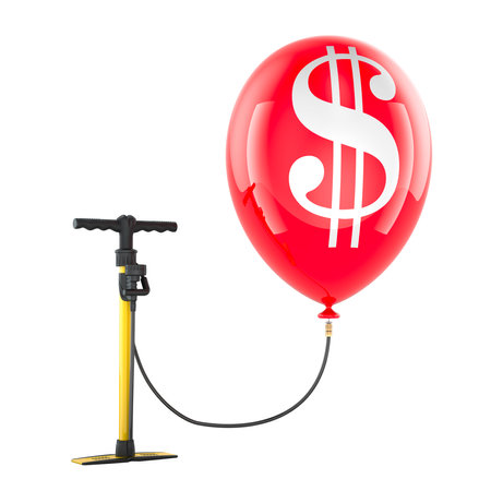 Manual hand air pump inflates balloon with dollar symbol. 3D illustration isolated on white backgroundの写真素材