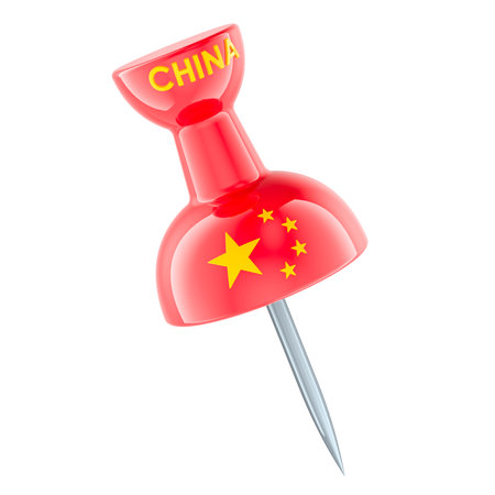 Push pin with Chinese flag, 3D rendering isolated on white backgroundの写真素材