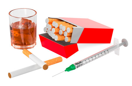 Drugs, smoking and alcohol. Addictive substances, concept. Alcohol, cigarettes and syringe, 3D rendering isolated on white backgroundの写真素材