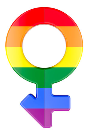 Female and male gender symbols with rainbow color. Transgender, concept. 3D rendering isolated on white backgroundの写真素材