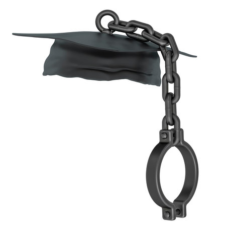 Debt education or prison education, concept. Graduation cap with prison shackle on the chain, 3D rendering isolated on white backgroundの写真素材