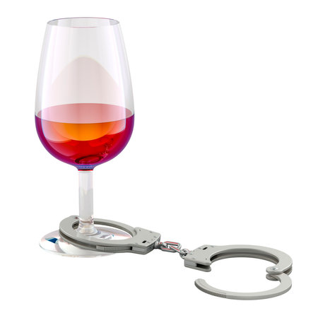 Quit Drink, liberation from alcohol addiction, concept. Glass with wine and unfastened handcuffs. 3D rendering isolated on white backgroundの写真素材