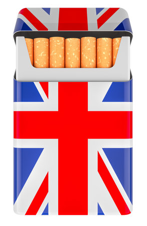 Pack of Cigarettes with British Flag. 3D rendering isolated on white backgroundの写真素材