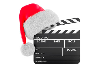Clapperboard with Christmas Santa hat. Christmas Movies, concept. 3D rendering isolated on white backgroundの写真素材