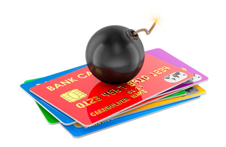 Credit bank cards with Black Burning Bomb. Credit card hacking, concept. 3D rendering isolated on white backgroundの写真素材