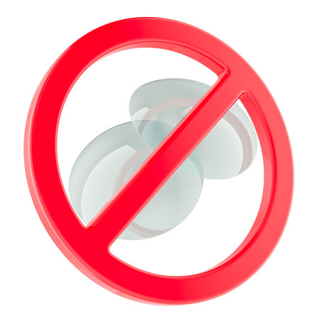 Contact lenses with forbidden sign, prohibition symbol. 3D rendering isolated on white backgroundの写真素材