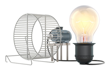 Hamster wheel to generate power for lightbulb, 3D rendering isolated on white backgroundの写真素材