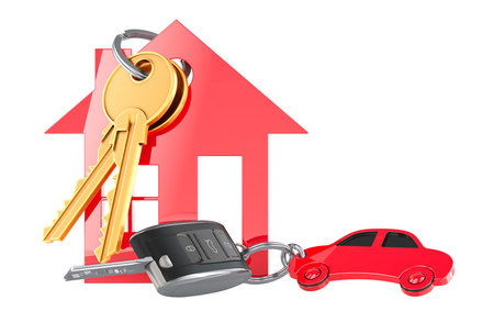 Home Key with House Shaped Keychain and Car Key with Car Shaped Metal Keychain. 3D rendering isolated on white backgroundの写真素材