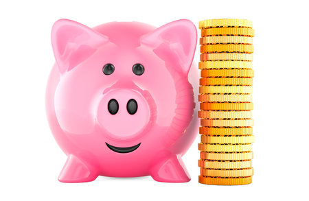 Piggy Bank with stack of coins. Money saving, concept. 3D rendering isolated on white backgroundの写真素材