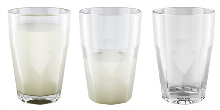 Glasses with milk. Empty, half full and full glass with milk, 3D rendering isolated on white backgroundの写真素材