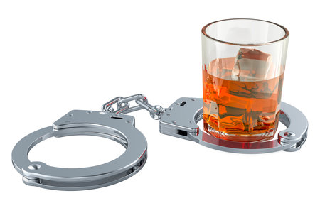 Alcohol addiction, concept. Glass full of alcohol drink with handcuffs. 3D rendering isolated on white backgroundの写真素材