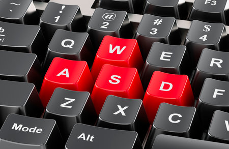 Red WASD keys on a computer keyboard, 3D rendering