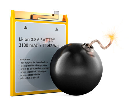 Cell Phone Battery explosions. Lithium Ion cell phone battery and bomb with burning fuse. 3D rendering isolated on white backgroundの写真素材
