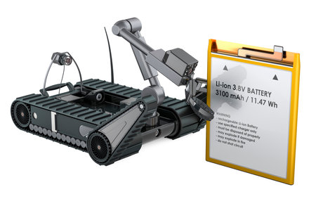 Bomb disposal robot with Cell Phone Battery, 3D rendering isolated on white backgroundの写真素材