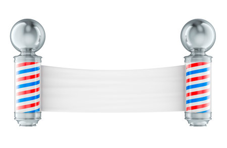 Classic Barber Poles with Blank Banner for Advertise between. 3D Rendering isolated on white backgroundの写真素材