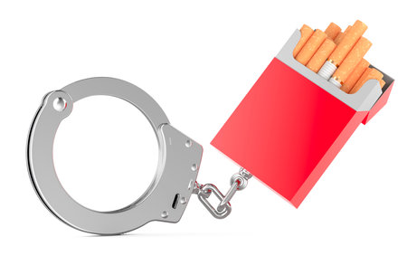 Nicotine dependence, concept. Cigarette pack with handcuffs. 3D rendering isolated on white backgroundの写真素材