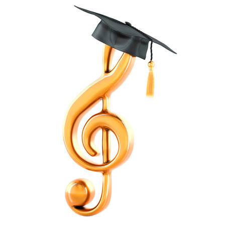 Treble clef music note with graduation cap. Musical education, concept. 3D rendering isolated on white backgroundの写真素材