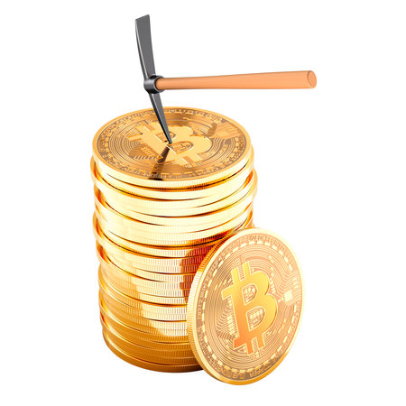 Stack of bitcoin coins with pickaxe. Bitcoin mining, concept. 3D rendering isolated on white backgroundの写真素材