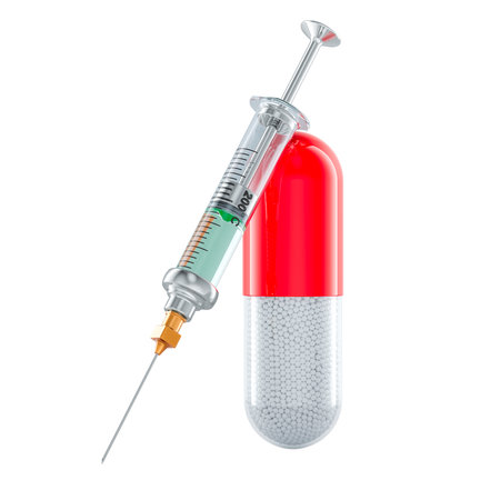 Medicament capsule with syringe full of drug, 3D rendering isolated on white backgroundの写真素材