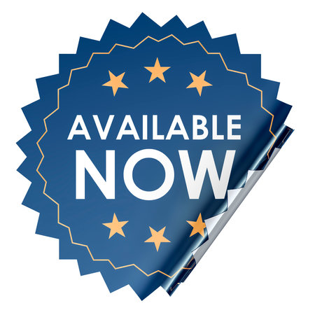 Available Now, blue circle sticker. 3D rendering isolated on white backgroundの写真素材