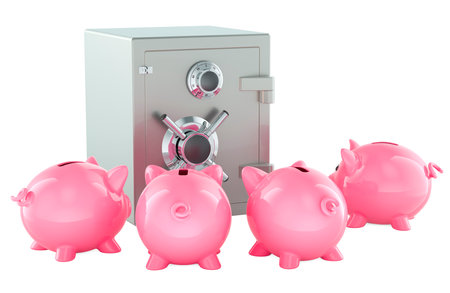 Safe box with piggy banks around, 3D rendering isolated on white backgroundの写真素材