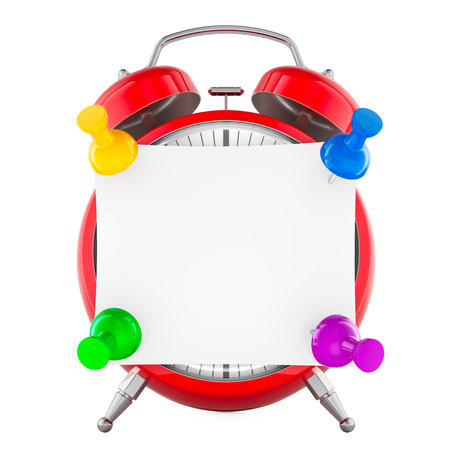 Alarm clock with pinned blank sticky note on the clock face, 3D rendering isolated on white backgroundの写真素材