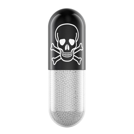 Poison capsule. Pill capsule with poison. 3D rendering isolated on white backgroundの写真素材