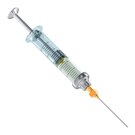 Metallic Syringe with drug, 3D rendering isolated on white backgroundの写真素材