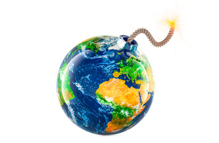 Earth Globe as bomb with burning fuse, 3D rendering isolated on white backgroundの写真素材