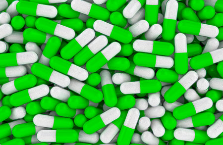 Background from green medicine capsules, 3D rendering