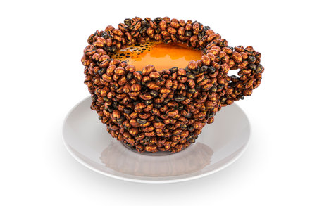 Cup of coffee from roasted coffee beans, 3D rendering isolated on white backgroundの写真素材