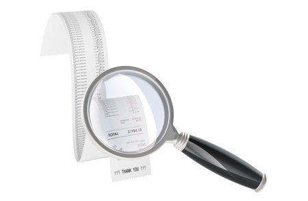 Printed receipt, bill with loupe, magnifying glass. Product search, concept. 3D rendering isolated on white backgroundの写真素材