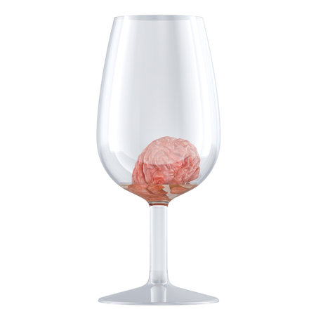 Wine glass with human brain inside. Alcohol addiction, concept. 3D rendering isolated on white backgroundの写真素材