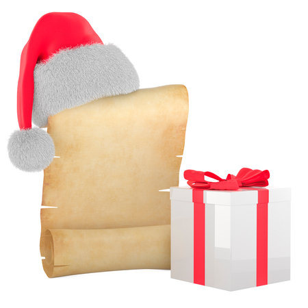 Christmas Scroll witch Santa Hat, 3D rendering isolated on white backgroundの写真素材