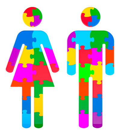 Man and woman silhouettes from colored puzzles. 3D rendering isolated on white backgroundの写真素材